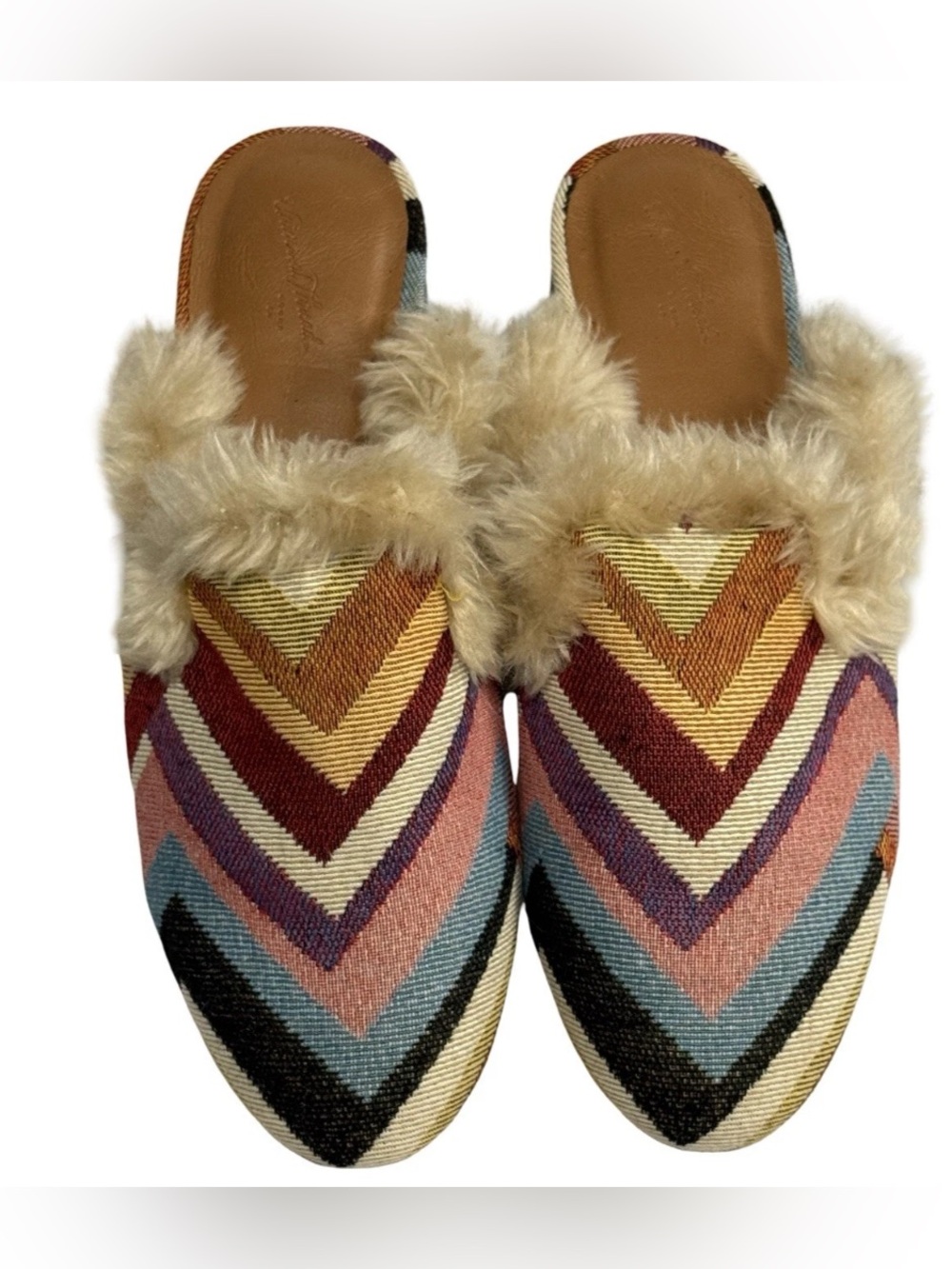 Universal Thread Faux Fur-Trim Chevron Slip-On Mules in Multi
